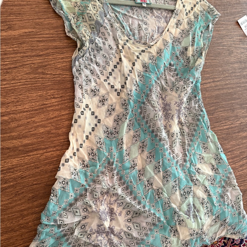 Johnny Was Geometric Blouse in Blue and Cream